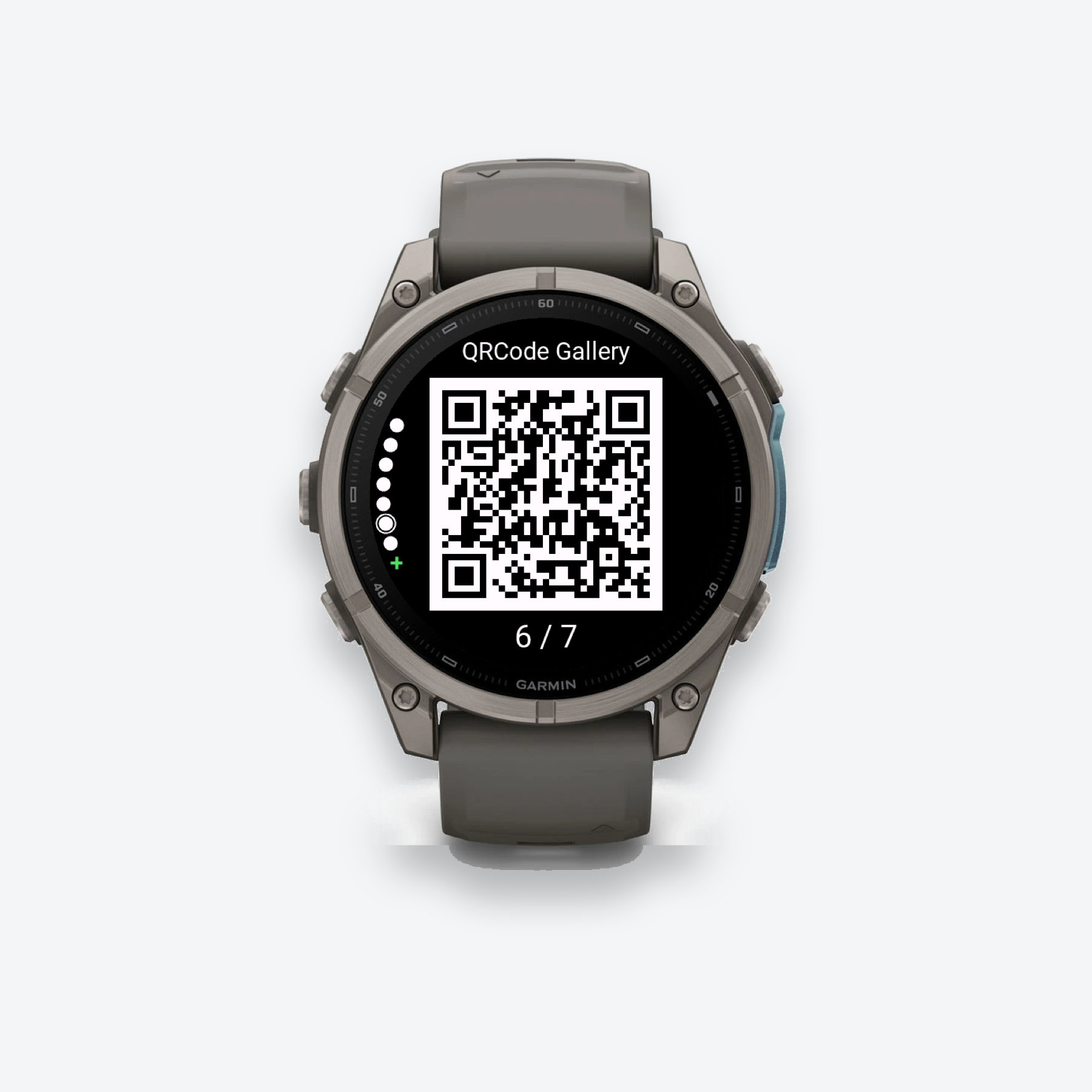 A QR card displayed on a Garmin Fenix 9 watch, with the page indicator at the left.
