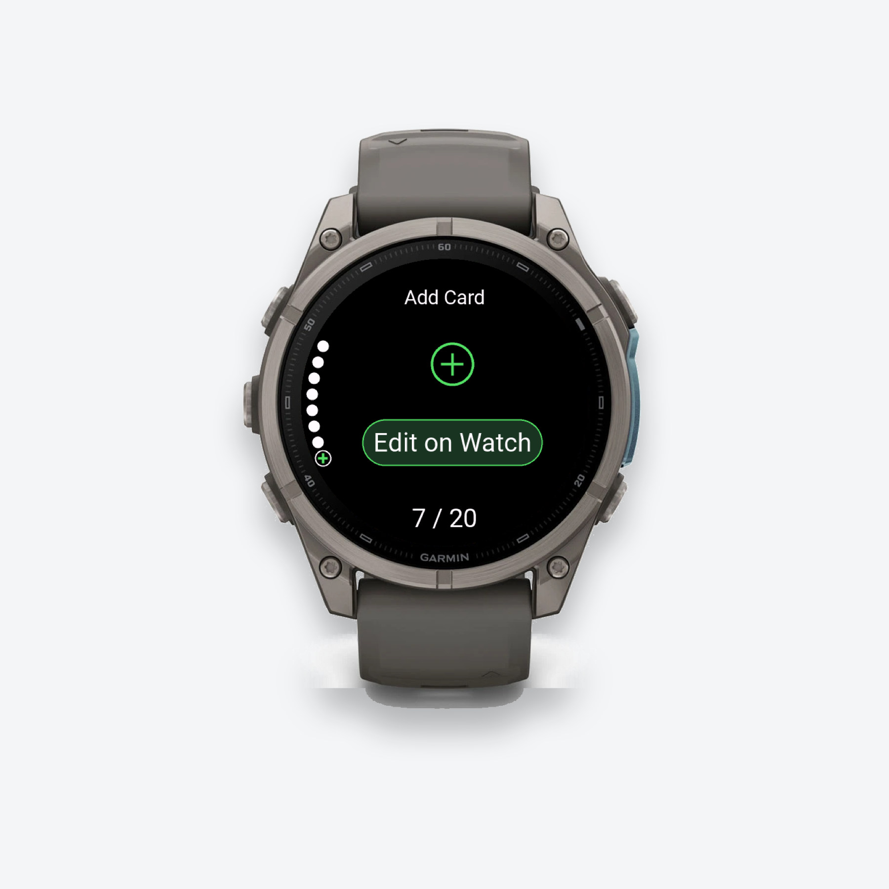The Add Card page on the watch, reached using the green plus in the page indicator.
